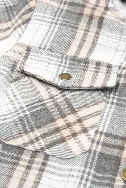 Gray Plaid Pattern Sherpa Lined Hooded Shacket