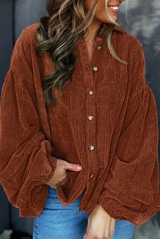 Coffee Textured Corduroy Puff Sleeve Shacket