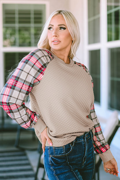 Apricot Plaid Raglan Sleeve Sweatshirt