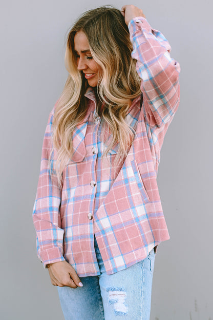 Pink Plaid Flap Pocket Flannel Shacket