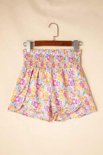 Pink Boho Floral Shirred High Waist Casual Shorts