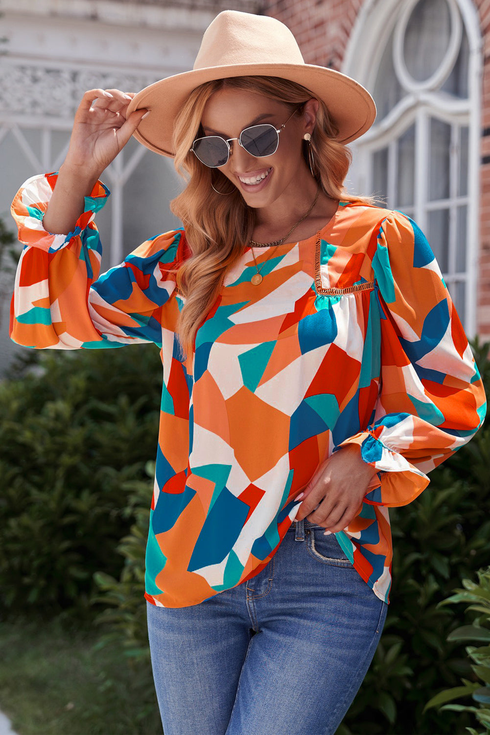 Abstract Pattern Crewneck Ruffled Puff Sleeve Blouse