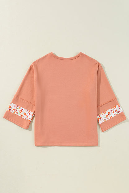 Grapefruit Orange Flower Patch Graphic Exposed Seam Wide Sleeve Top