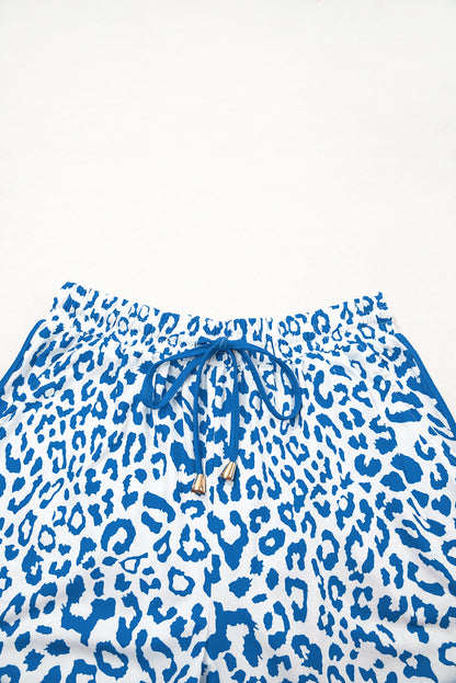 Blue Leopard Elastic Waist Lace up Contrast Trim Casual Shorts