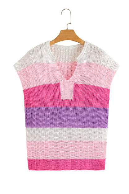 Pink Color Block Notch V Neck Sweater T Shirt