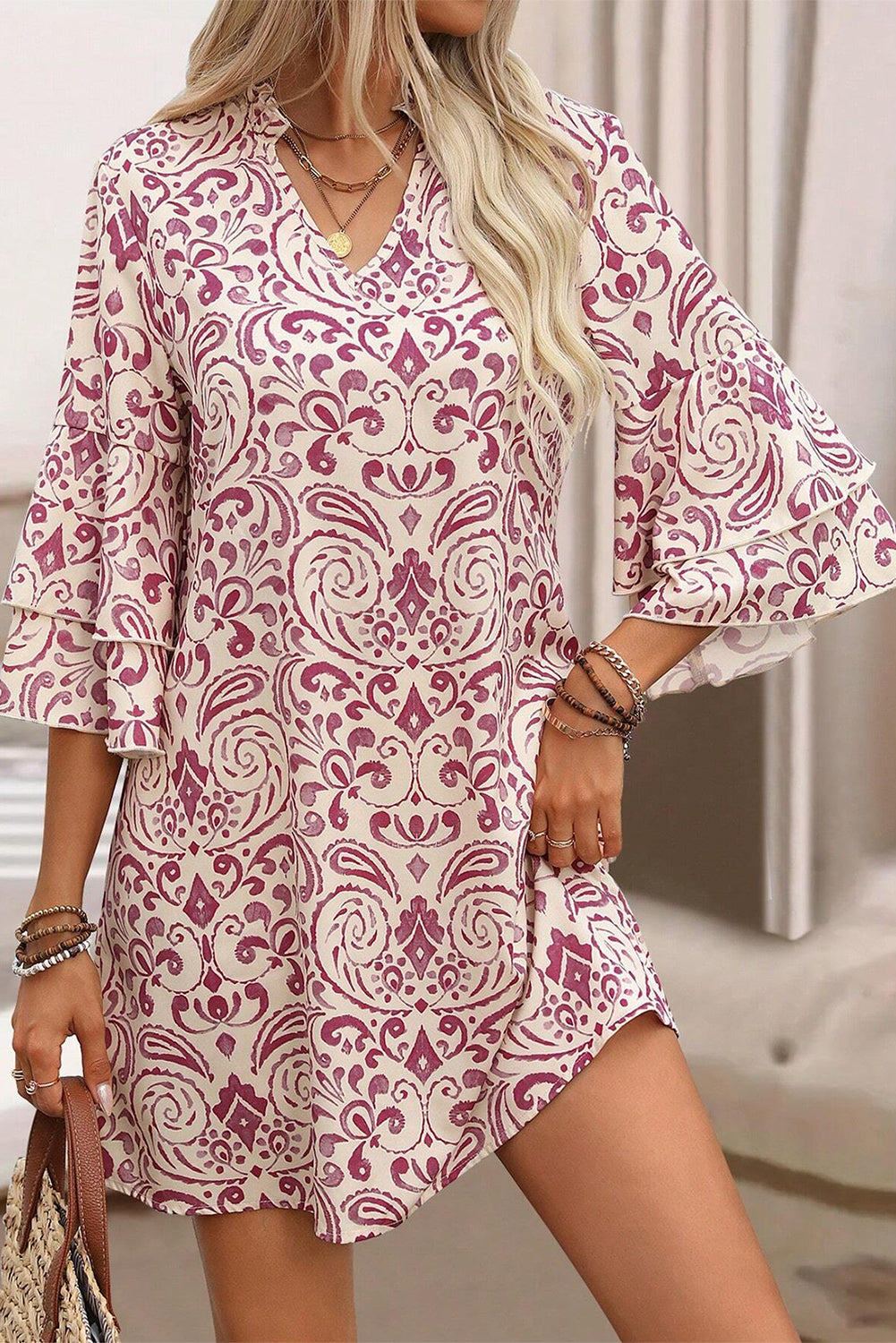 Pink Paisley Print Tiered 3/4 Sleeve Notched Neck Mini Dress