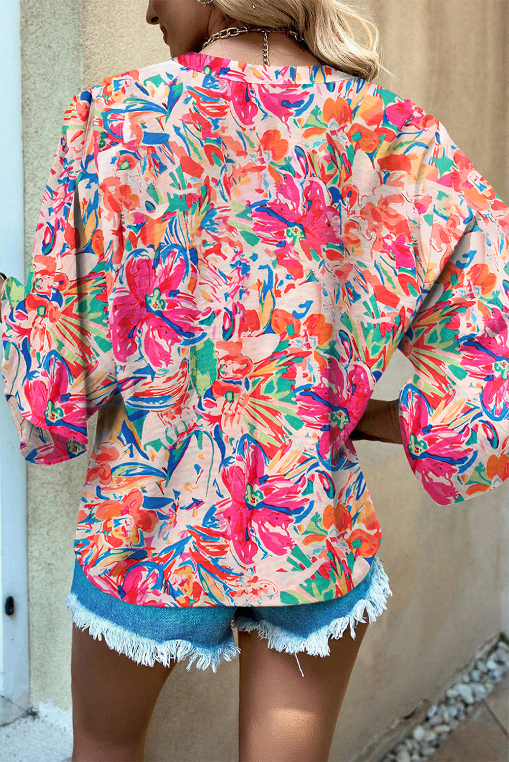 Multicolour Floral Print Bell Sleeve V Neck Blouse