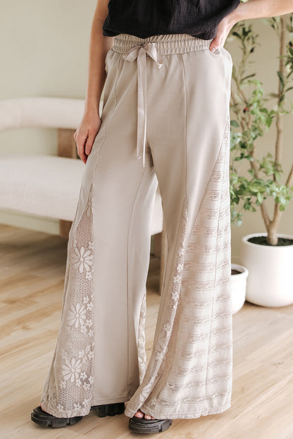 Smoke Gray Boho Lace Patchwork Wide Leg High Waist Pants