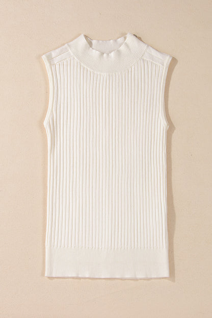 White Ribbed Knit High Neck Sweater Vest