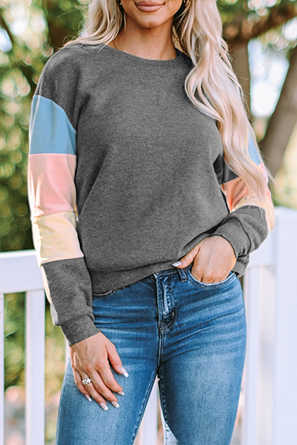 Gray Colorblock Long Sleeve Pullover Sweatshirt