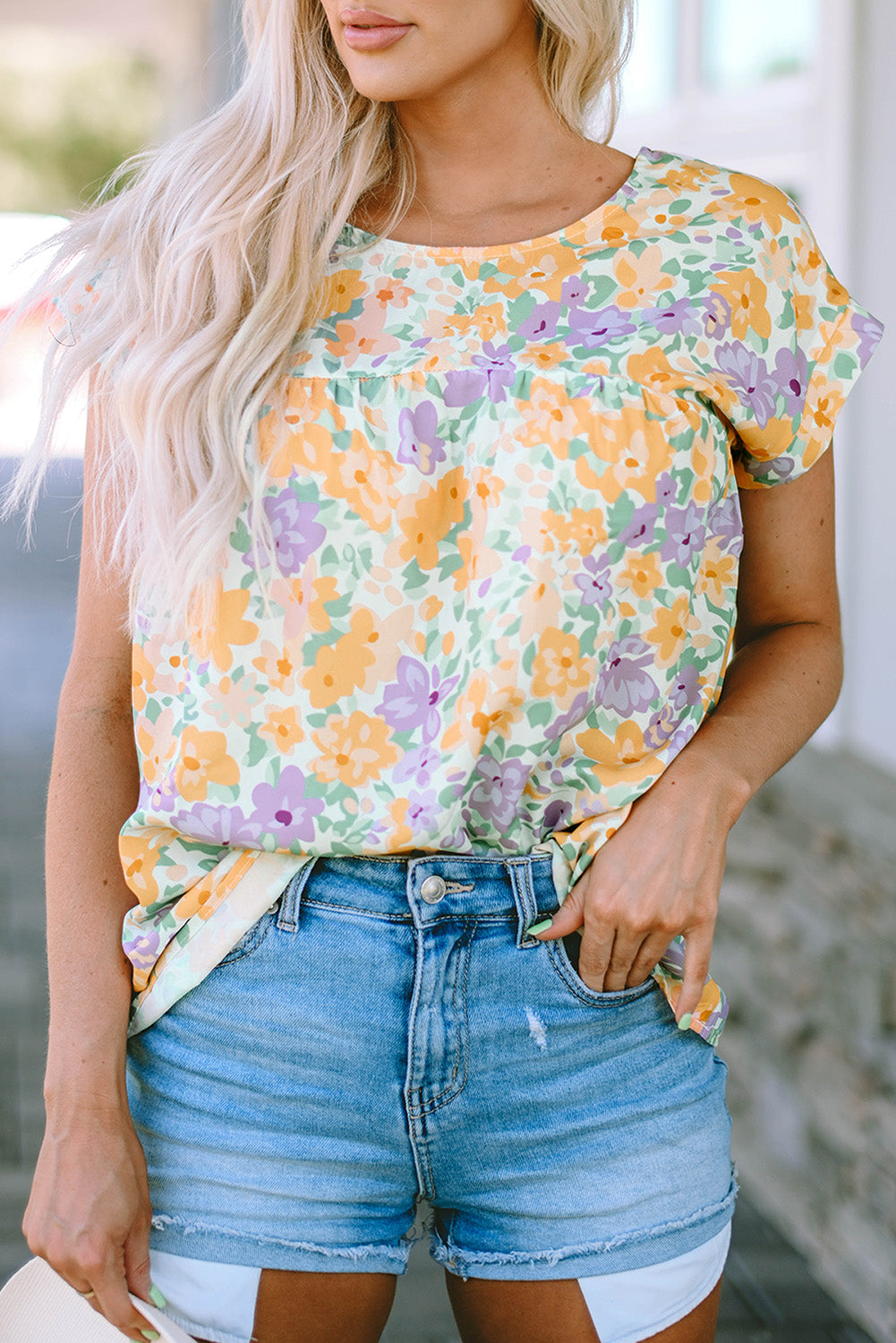 Yellow Floral Print Keyhole Back Short Sleeve Babydoll Blouse