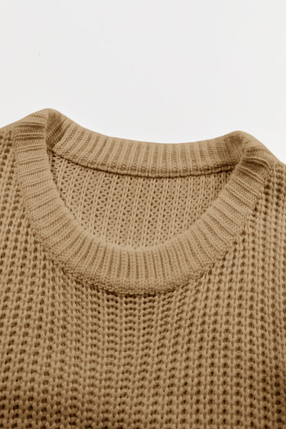 Khaki Ribbed Knit Round Neck Slouchy Chunky Sweater