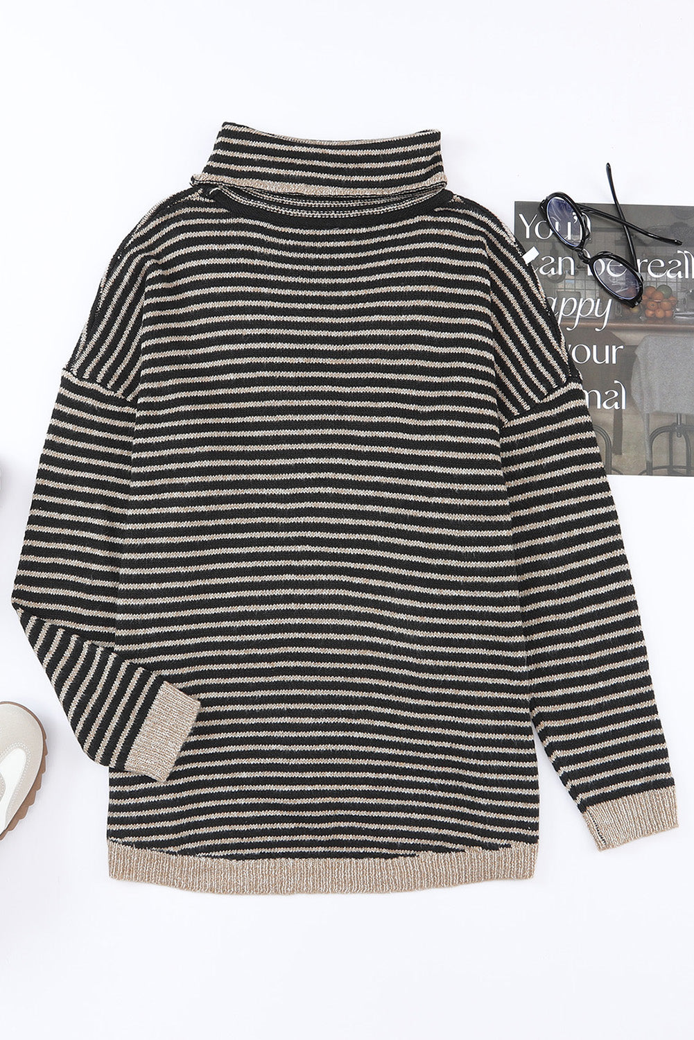 Black Striped Turtleneck Loose Sweater