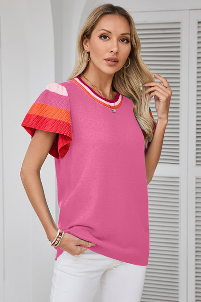 Bright Pink Contrast Flutter Sleeves Knitted Sweater T Shirt