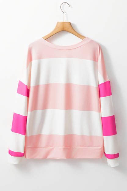 Light Pink Colorblock Striped Drop Shoulder Long Sleeve Top