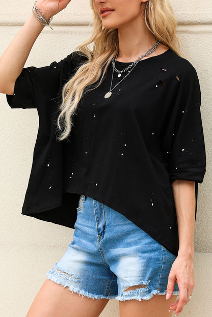 Black Distressed Bleached Asymmetric Hem Short Sleeve Top