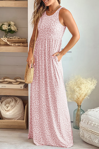 Pink Leopard Print Pocketed Sleeveless Maxi Dress