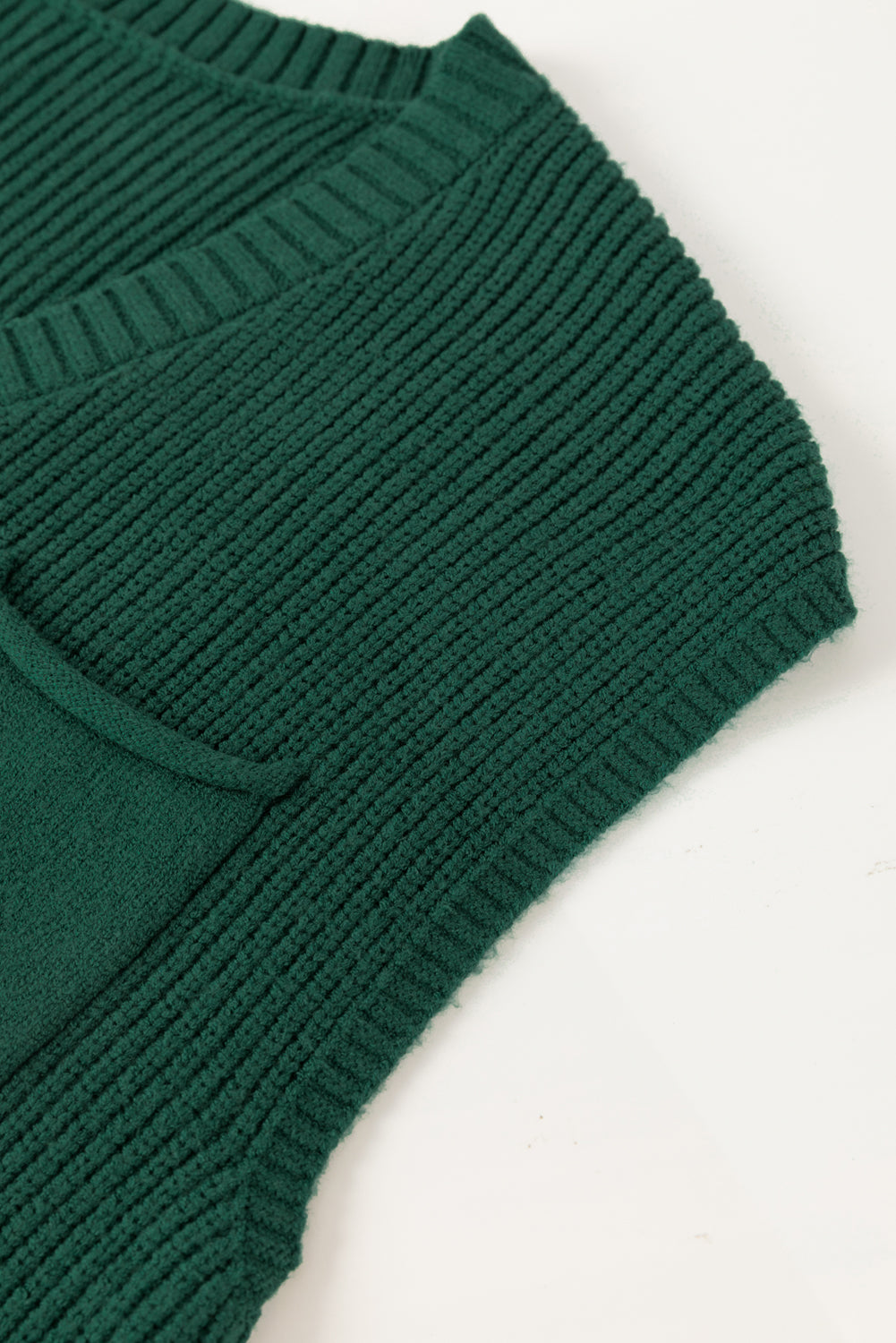 Blackish Green Chest Pocket V Neck Ribbed Cap Sleeve Sweater