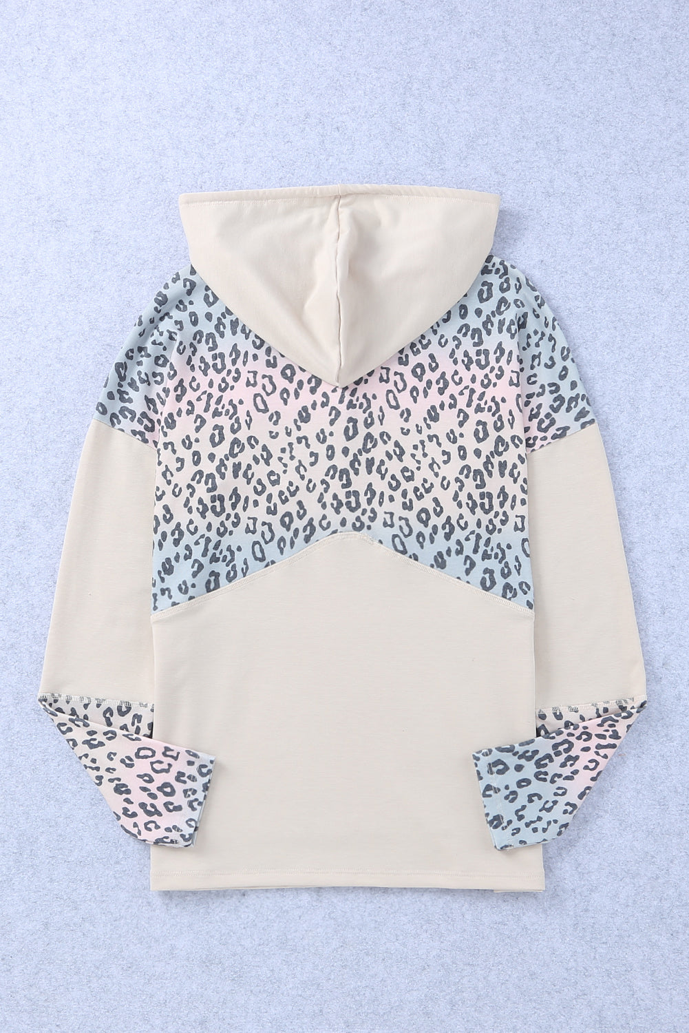 Leopard Color Block Buttoned Drawstring Detail Hoodie