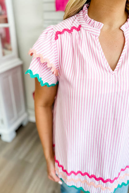 Pink Stripe Ricrac Trim Split Neck Striped Ruffled Sleeve Blouse