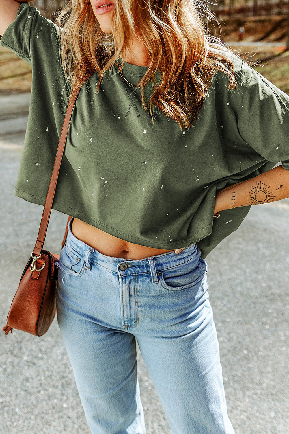 Green Distressed Bleached Asymmetric Hem Short Sleeve Top