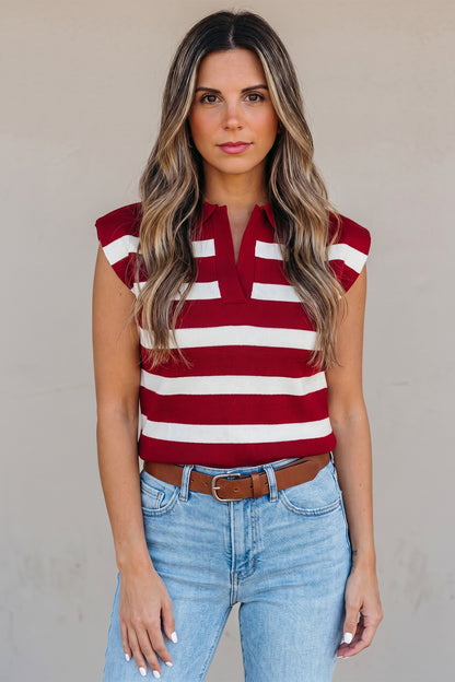Red Stripe Collared Split Neck Sweater Vest