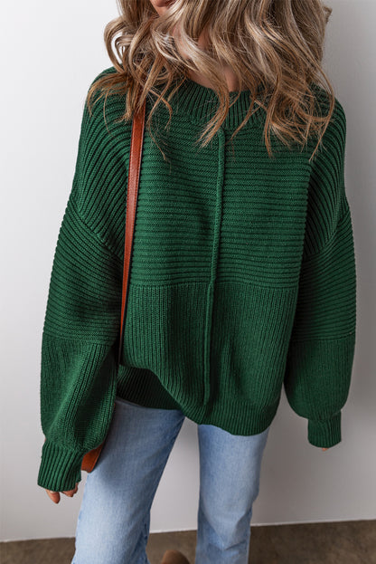 Blackish Green Textured Knit Crewneck Lantern Sleeve Sweater