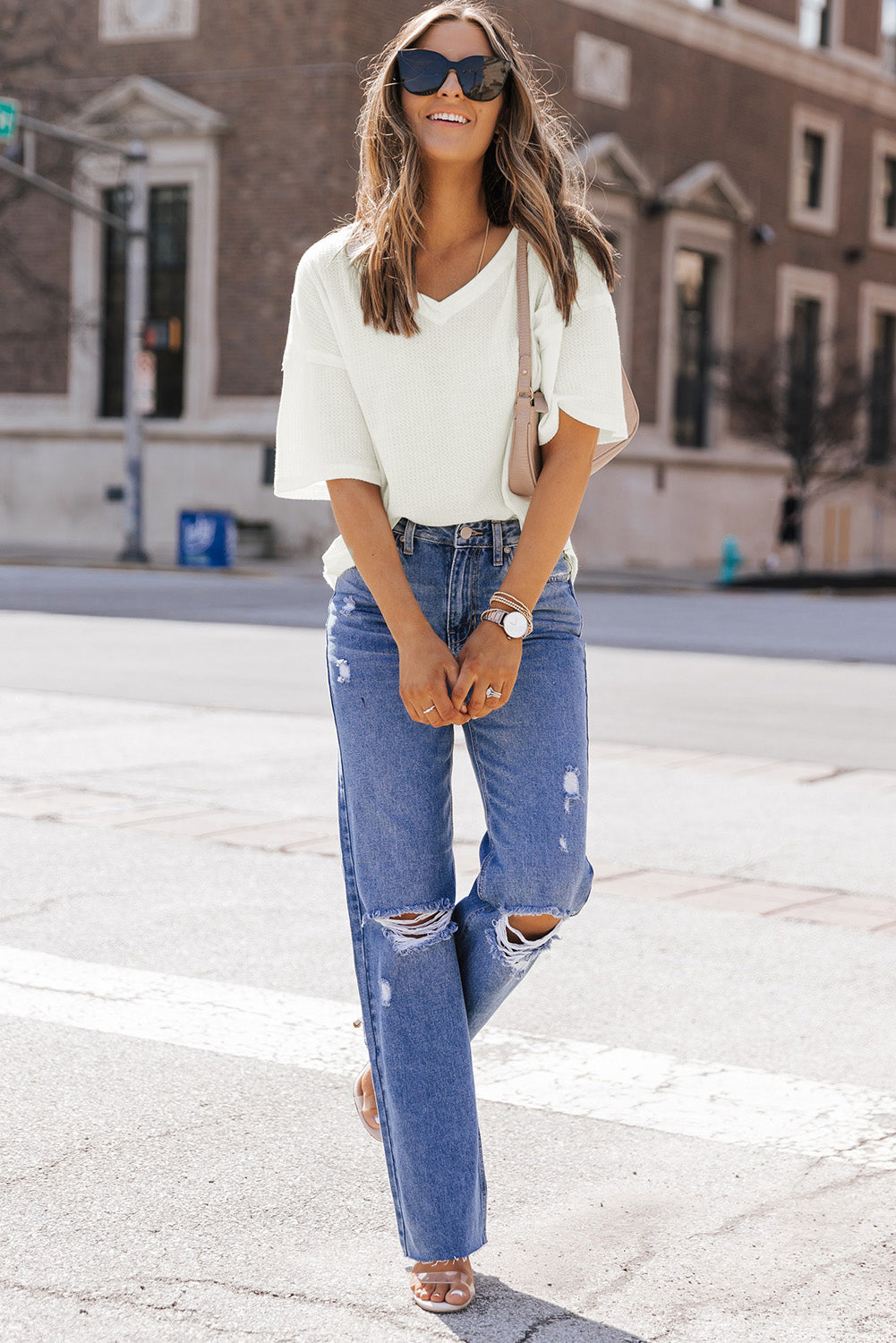 White Waffle Knit Drop Shoulder Loose Top