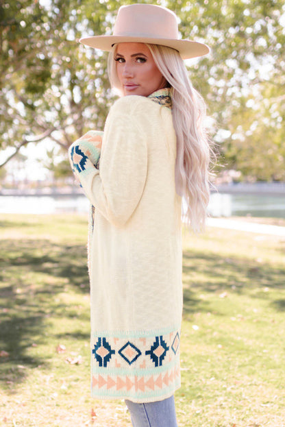 Apricot Aztec Print Open Front Cardigan