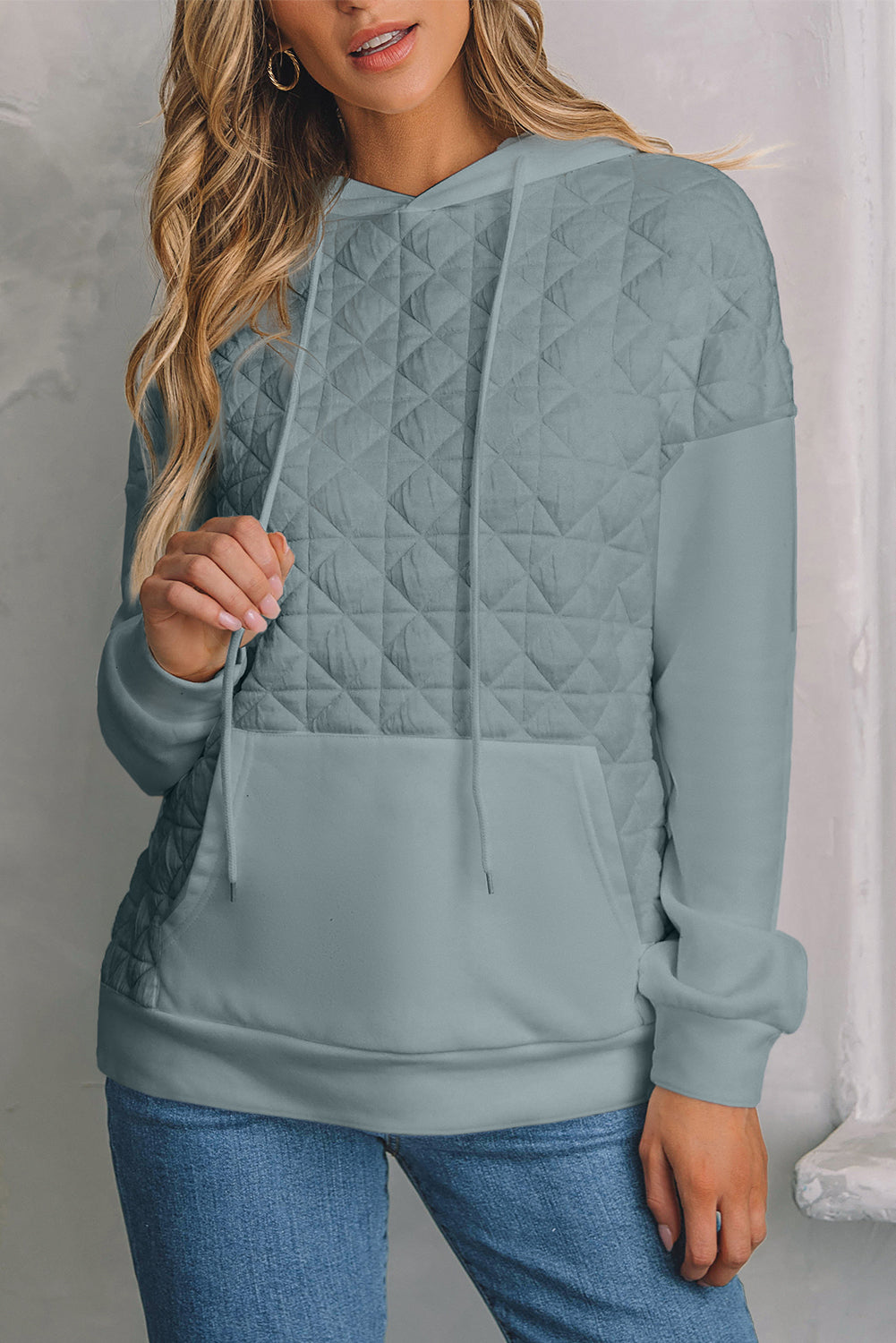 Light Grey Drop Shoulder Quilted Patchwork Kangaroo Pocket Hoodie