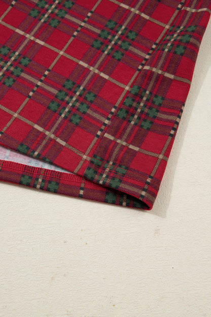 Red Plus Size Plaid Short Sleeve Shirt Loose Pants 2pcs Pajama Set