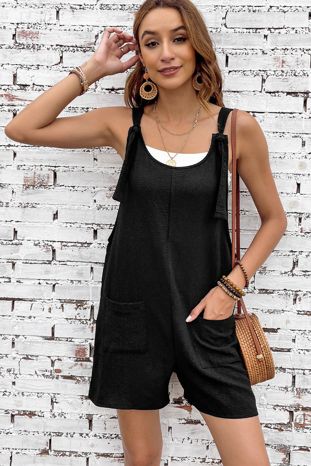 Black Adjustable Straps Pocketed Textured Romper