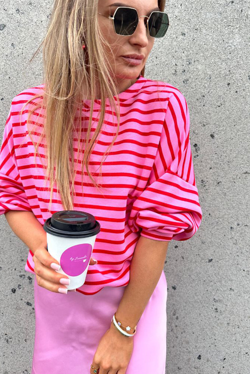 Sachet Pink Striped Print Crew Neck Drop Shoulder Sweatshirt