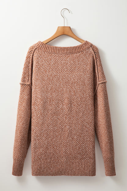 Dark Brown Loose Eyelet V Neck Drop Shoulder Sweater