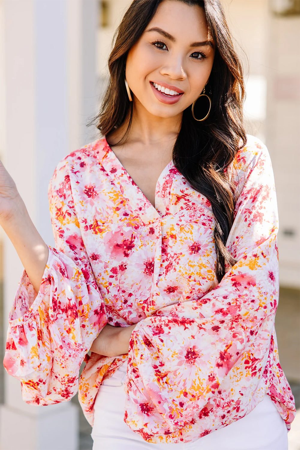 Pink Ditsy Floral Bubble Sleeve V Neck Blouse