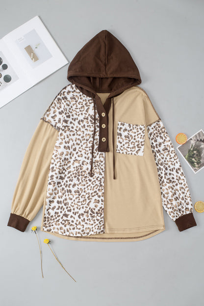 Brown Leopard Print Colorblock Chest Pocket Henley Hoodie