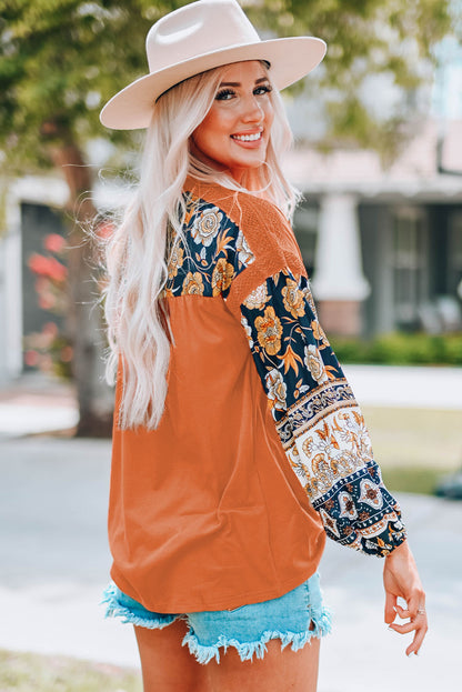 Brown Boho Floral Print Balloon Sleeve Top with Lace Details