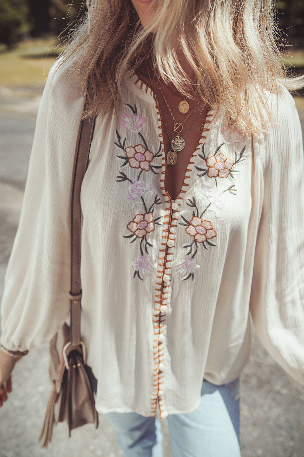 Beige Floral Embroidered Textured Puff Sleeve Loose Shirt