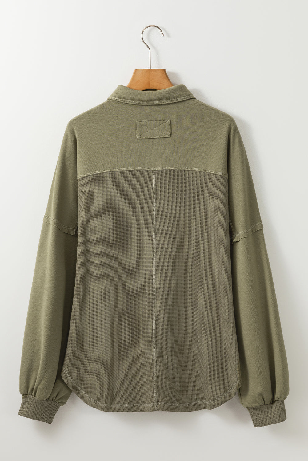 Moss Green Waffle Knit Patchwork Exposed Seam Loose Shacket