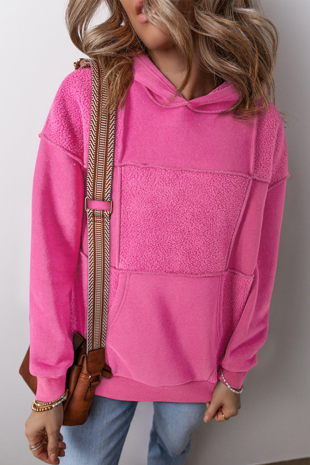 Pitaya Pink Mineral Wash Terry Patchwork Drawstring Hoodie