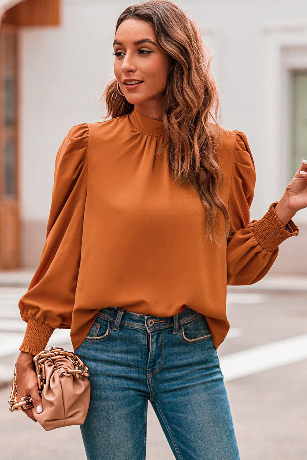 Orange Long Bubble Sleeve Mock Neck Chiffon Blouse