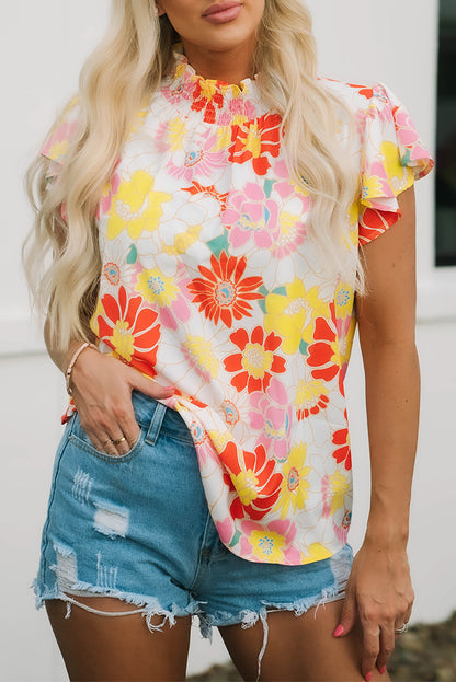 Multicolor Stand Collar Flutter Sleeves Floral Top