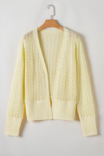 Yellow Cream Pointelle Knit Open Front Short Cardigan