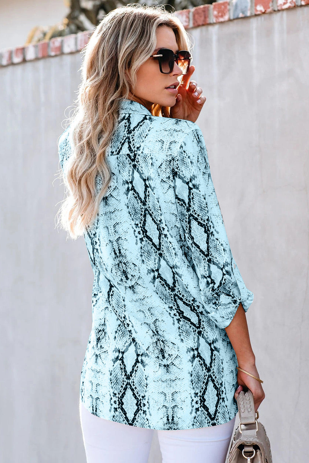 Blue Wild Snake Print Shirt with Pockets