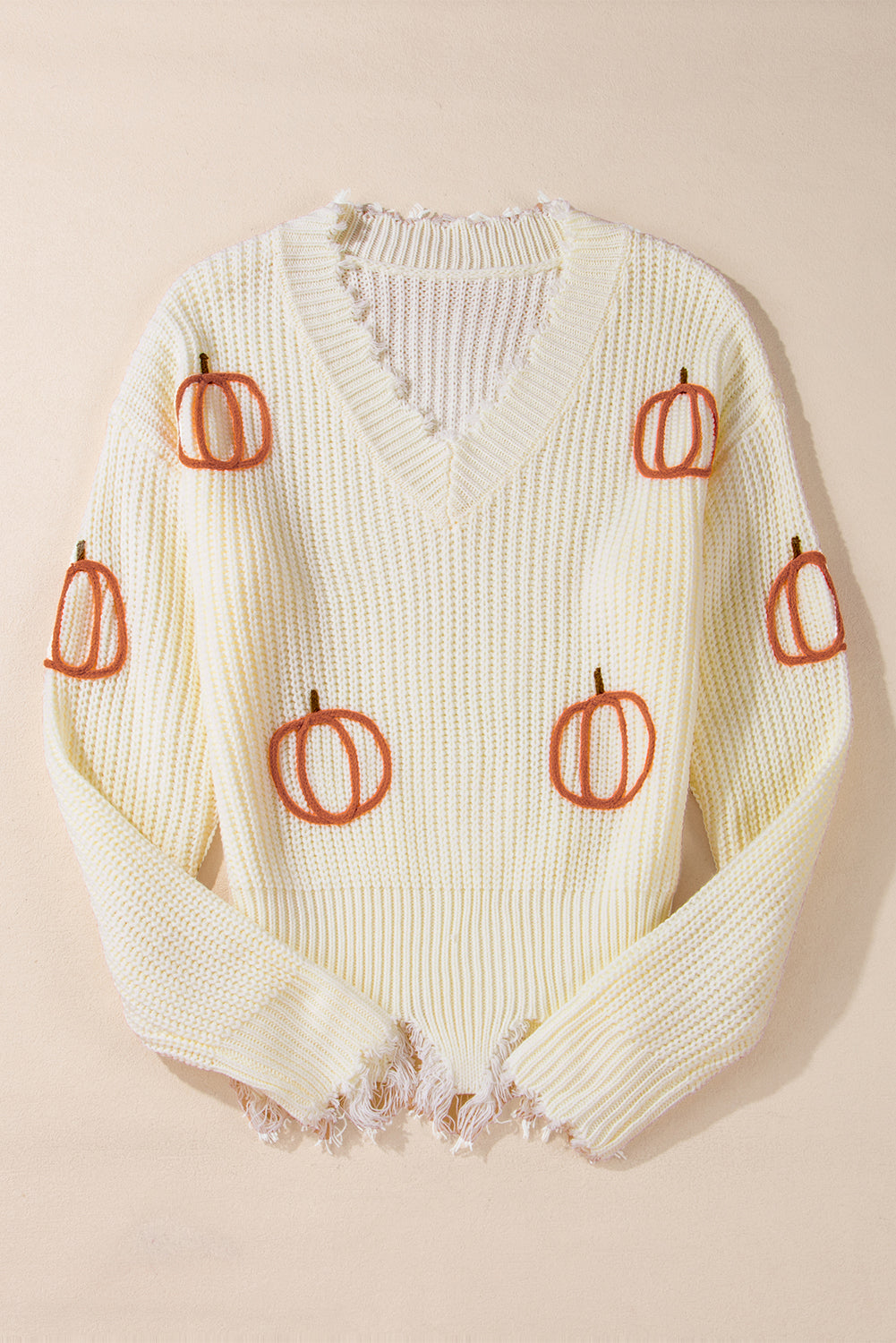 Beige Cable Knit Pumpkin Raw Hem V Neck Loose Sweater