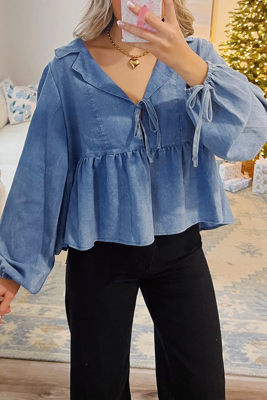 Dusk Blue Denim Lapel Neck Balloon Sleeve Tied Peplum Top