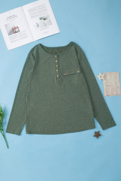 Mist Green Plus Size Snap Button Henley Top