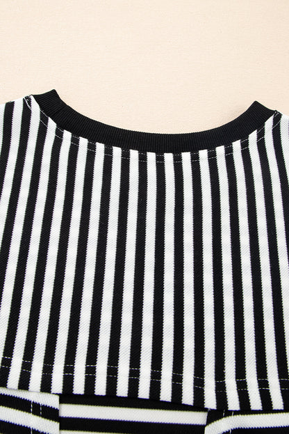 Black Stripe Bowknot Cutout Back Drop Shoulder Wide Bracelet Sleeve Loose Tee