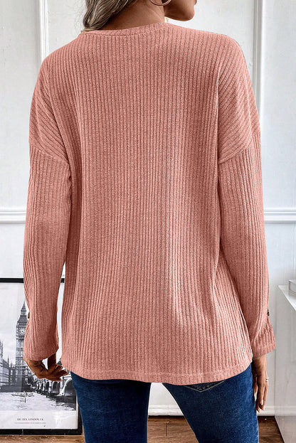 Rose Tan Rib Textured Henley Knit Top