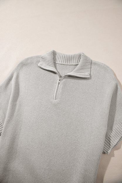 Light Grey Quarter Zip Short Batwing Sleeve Sweater